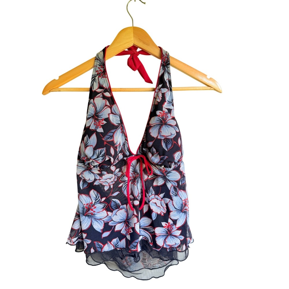 Mainstream Women Size 16 Floral Mesh Halter Tankini Top Black Red Blue Y2K